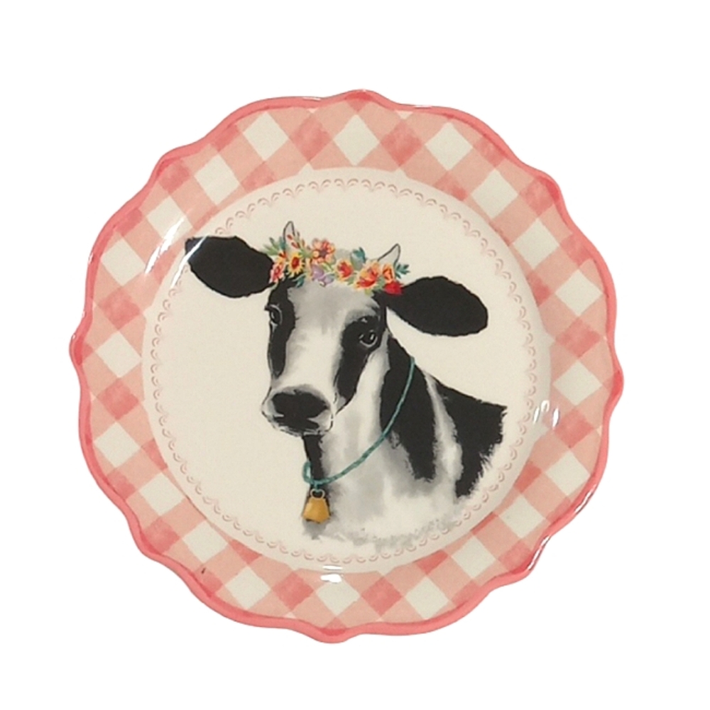 The Pioneer Woman Pink & White Gingham Cow & Flowers 7" Appetizer Plate NWT